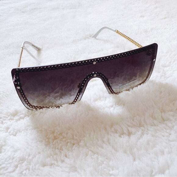 Christine Black Two Tone White Chain Oversized Shield Sunglasses - Picture 7 of 12